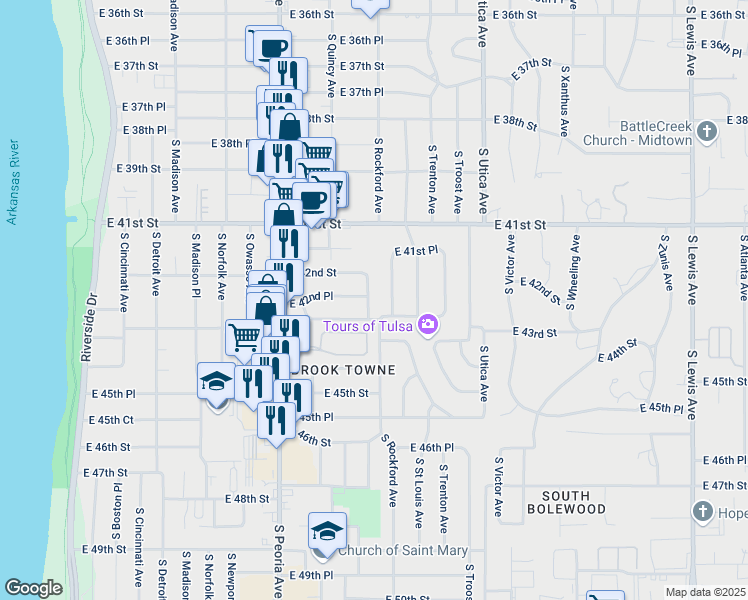 map of restaurants, bars, coffee shops, grocery stores, and more near 4227 South Rockford Avenue in Tulsa