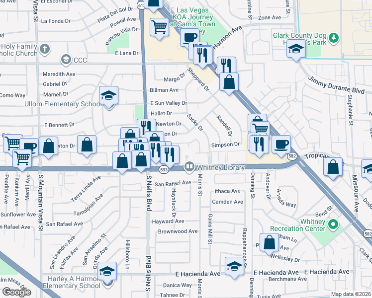 map of restaurants, bars, coffee shops, grocery stores, and more near 5100 East Tropicana Avenue in Las Vegas