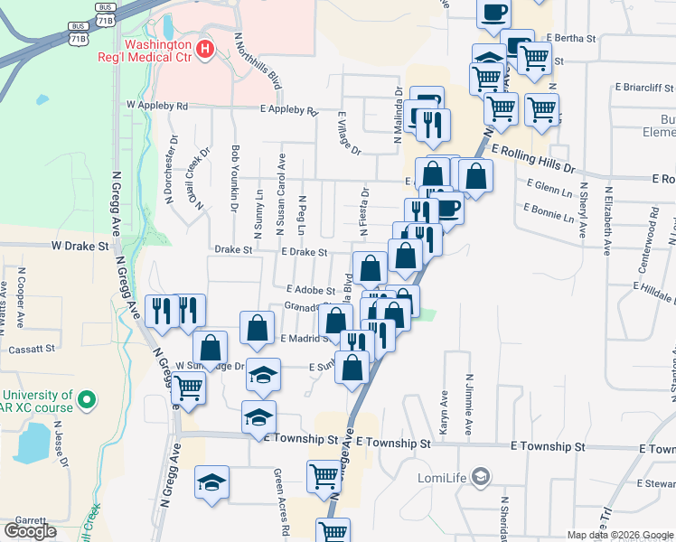 map of restaurants, bars, coffee shops, grocery stores, and more near 2768 North Barcelona Avenue in Fayetteville