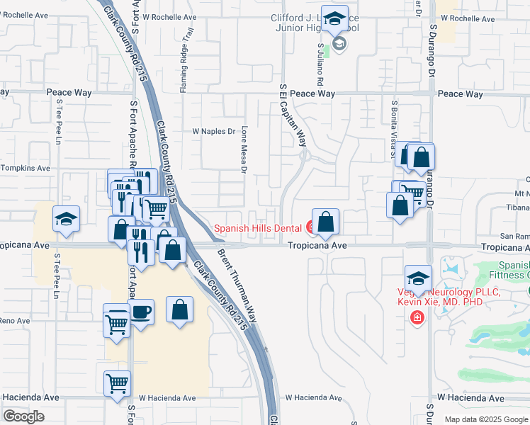 map of restaurants, bars, coffee shops, grocery stores, and more near 9050 West Tropicana Avenue in Las Vegas