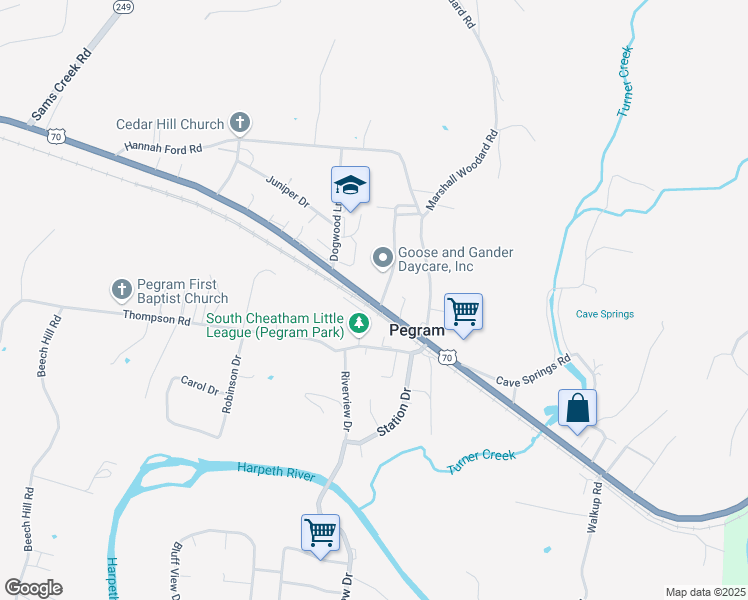 map of restaurants, bars, coffee shops, grocery stores, and more near 4599 Sunnyfield Drive in Pegram