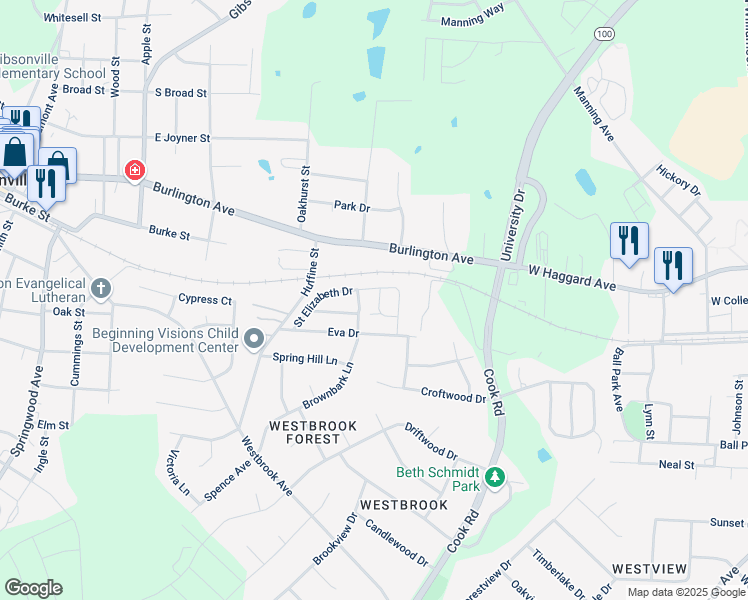 map of restaurants, bars, coffee shops, grocery stores, and more near 241 Saint Elizabeth Drive in Gibsonville