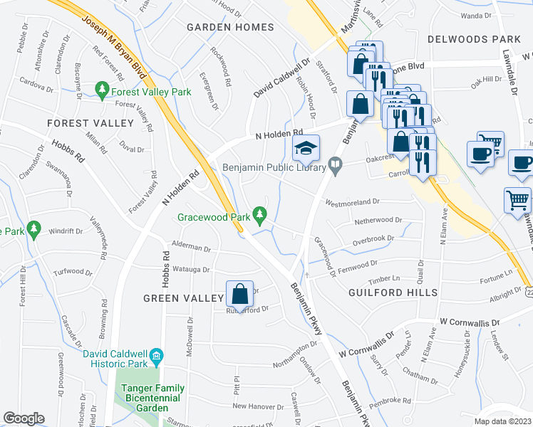 map of restaurants, bars, coffee shops, grocery stores, and more near 1516 Gracewood Drive in Greensboro