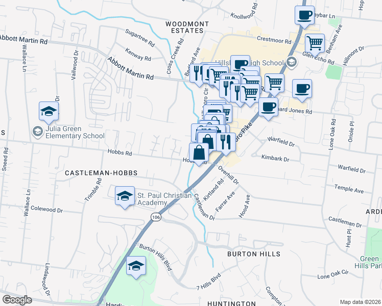 map of restaurants, bars, coffee shops, grocery stores, and more near 4107 Hillsboro Circle in Nashville