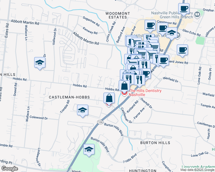 map of restaurants, bars, coffee shops, grocery stores, and more near 403 Village Hall in Nashville