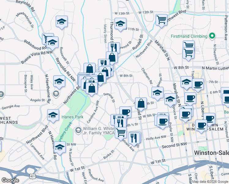 map of restaurants, bars, coffee shops, grocery stores, and more near 651 Summit Street in Winston-Salem