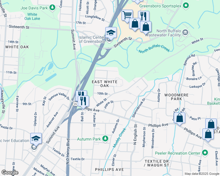 map of restaurants, bars, coffee shops, grocery stores, and more near 1804 Water Street in Greensboro