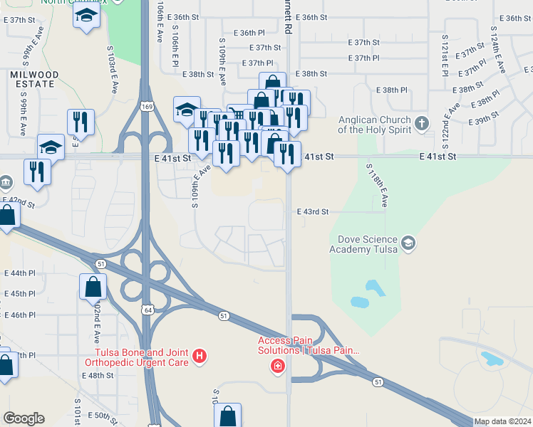 map of restaurants, bars, coffee shops, grocery stores, and more near 4326 South Garnett Road in Tulsa