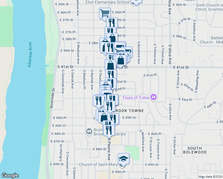 map of restaurants, bars, coffee shops, grocery stores, and more near 4208 South Peoria Avenue in Tulsa