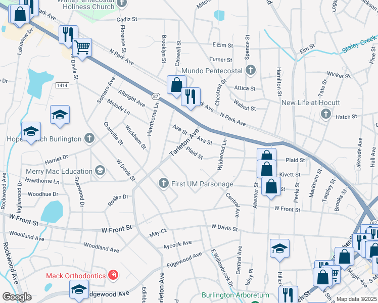 map of restaurants, bars, coffee shops, grocery stores, and more near 1142 Plaid Street in Burlington