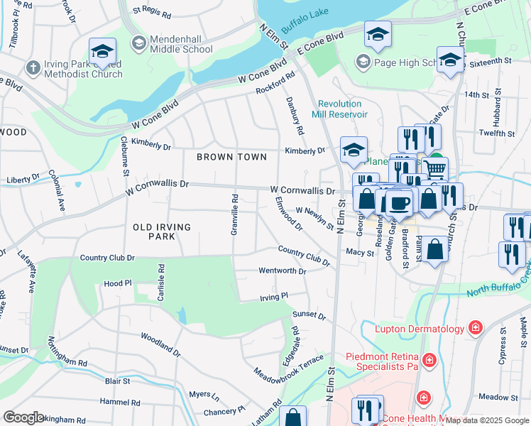 map of restaurants, bars, coffee shops, grocery stores, and more near 1820 Saint Andrews Road in Greensboro