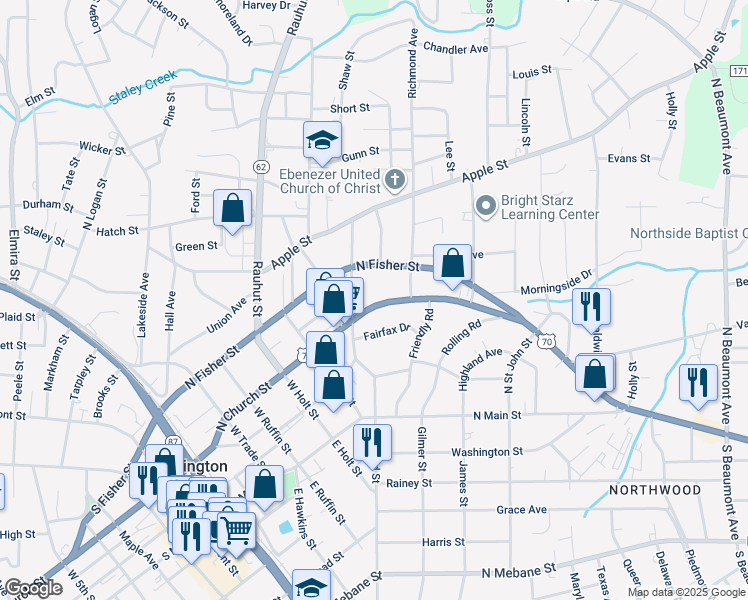 map of restaurants, bars, coffee shops, grocery stores, and more near 618 North Church Street in Burlington