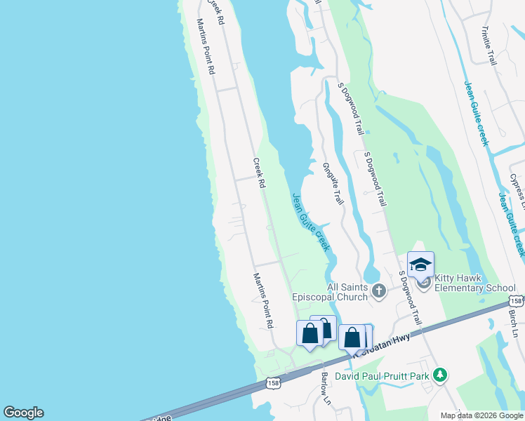 map of restaurants, bars, coffee shops, grocery stores, and more near 2036 Creek Road in Kitty Hawk