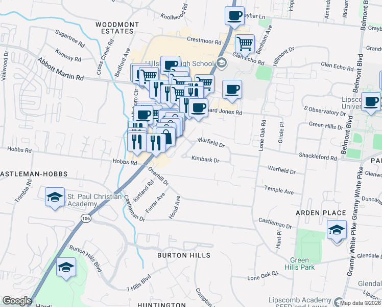 map of restaurants, bars, coffee shops, grocery stores, and more near 4109 Kimbark Drive in Nashville
