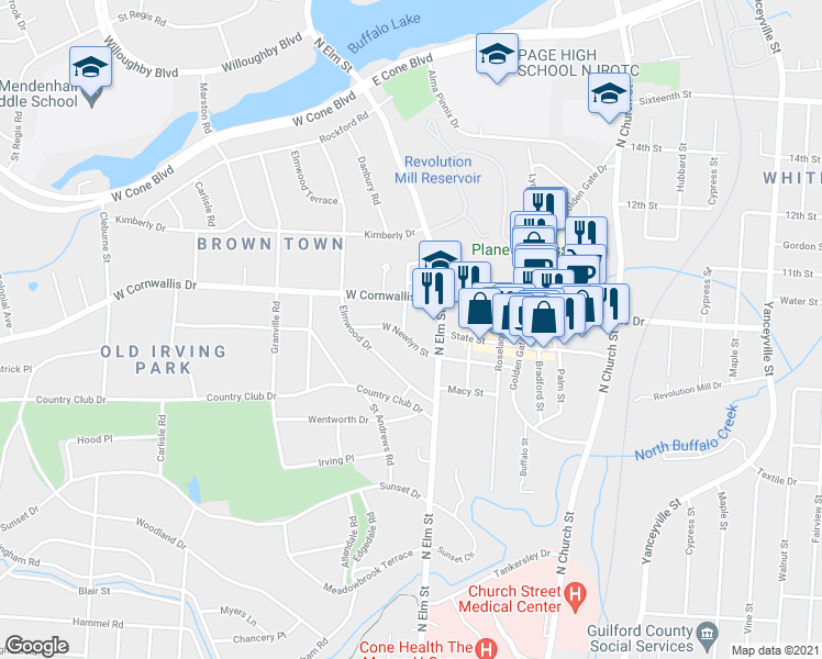 map of restaurants, bars, coffee shops, grocery stores, and more near 2100 Wrenn Street in Greensboro