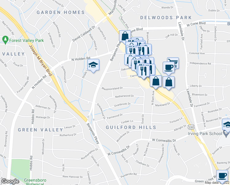 map of restaurants, bars, coffee shops, grocery stores, and more near 1600 Piper Place in Greensboro