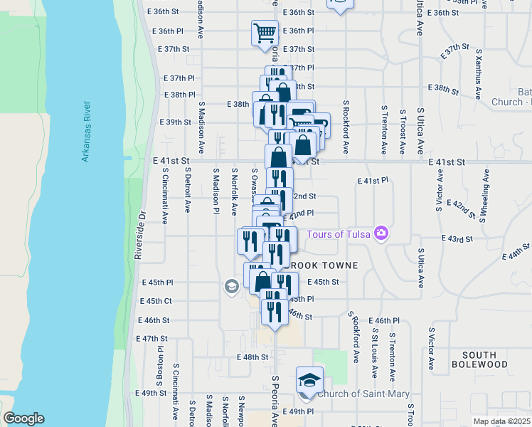 map of restaurants, bars, coffee shops, grocery stores, and more near 4208 South Peoria Avenue in Tulsa