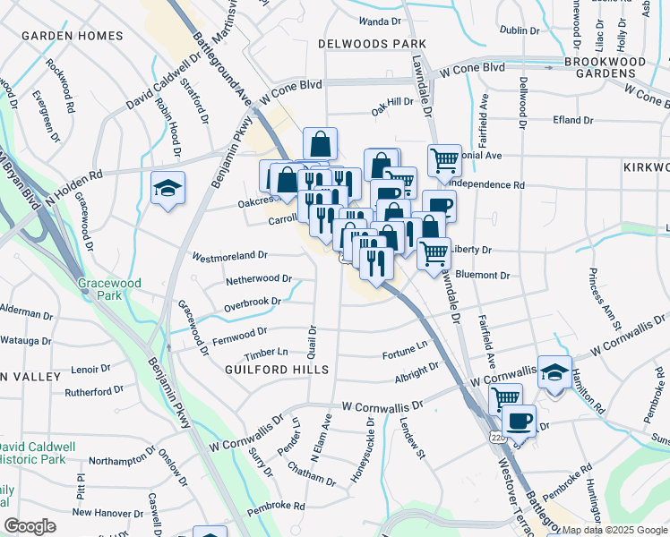 map of restaurants, bars, coffee shops, grocery stores, and more near in Greensboro