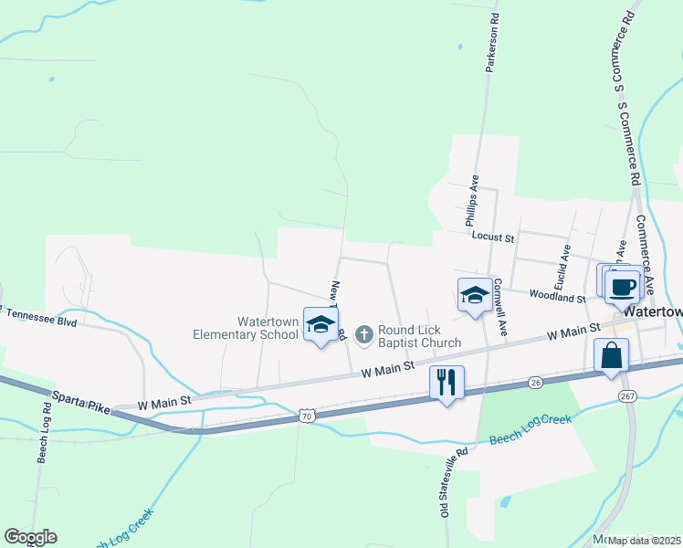 map of restaurants, bars, coffee shops, grocery stores, and more near 275 New Town Road in Watertown
