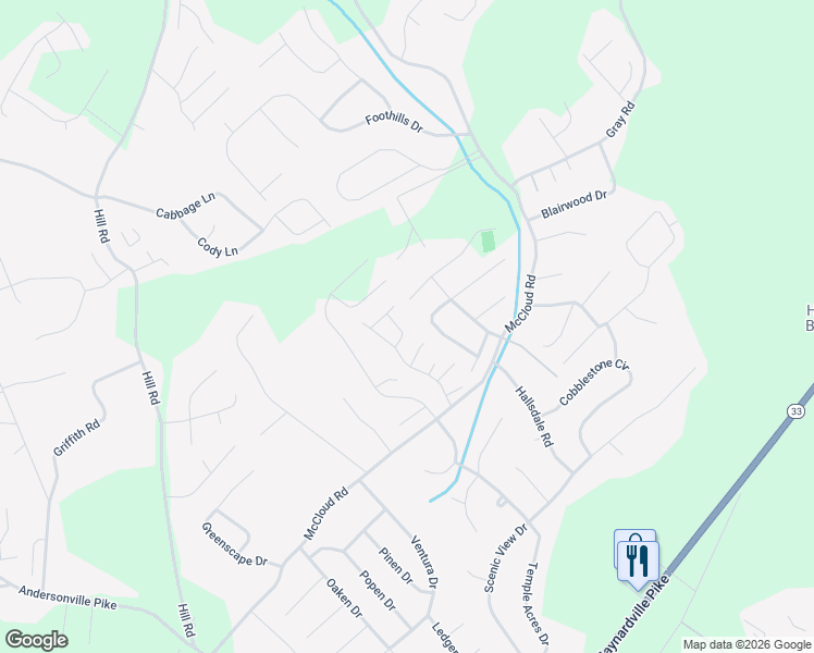 map of restaurants, bars, coffee shops, grocery stores, and more near 4418 Amston Drive in Knoxville