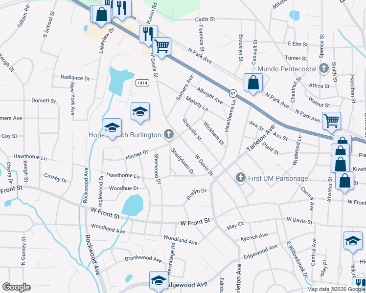 map of restaurants, bars, coffee shops, grocery stores, and more near 1550 West Davis Street in Burlington