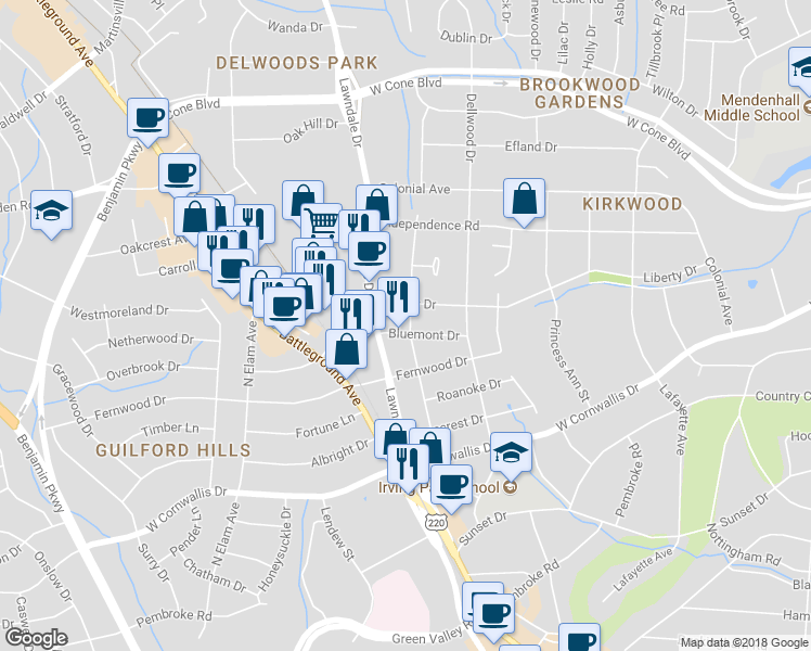 map of restaurants, bars, coffee shops, grocery stores, and more near 2100 Bluemont Drive in Greensboro