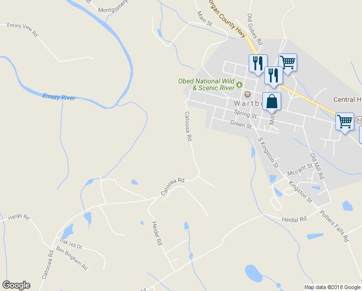 map of restaurants, bars, coffee shops, grocery stores, and more near 150 Catoosa Rd in Wartburg