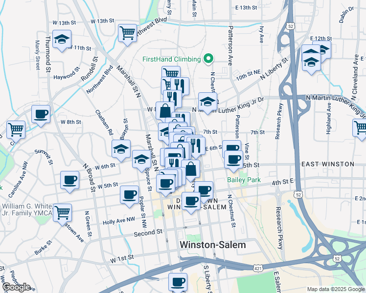 map of restaurants, bars, coffee shops, grocery stores, and more near 620 North Liberty Street in Winston-Salem