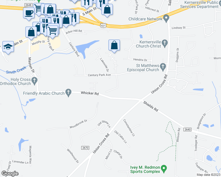 map of restaurants, bars, coffee shops, grocery stores, and more near 556 Brookside Court in Kernersville
