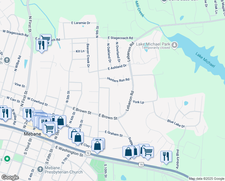 map of restaurants, bars, coffee shops, grocery stores, and more near 600 North 10th Street in Mebane