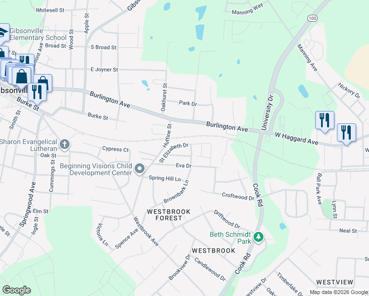 map of restaurants, bars, coffee shops, grocery stores, and more near 230 Saint Elizabeth Drive in Gibsonville