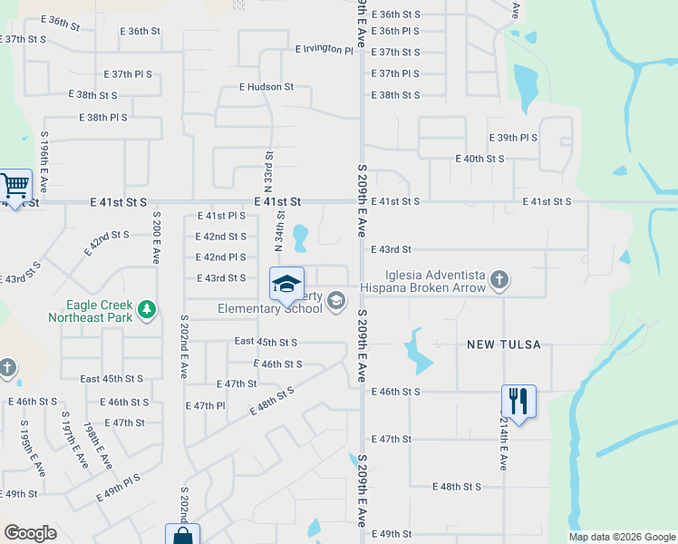 map of restaurants, bars, coffee shops, grocery stores, and more near 3619 East Berkeley Street in Broken Arrow
