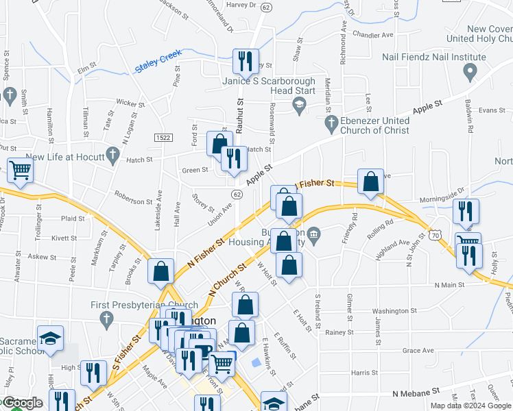 map of restaurants, bars, coffee shops, grocery stores, and more near 410 Jeffries Street in Burlington