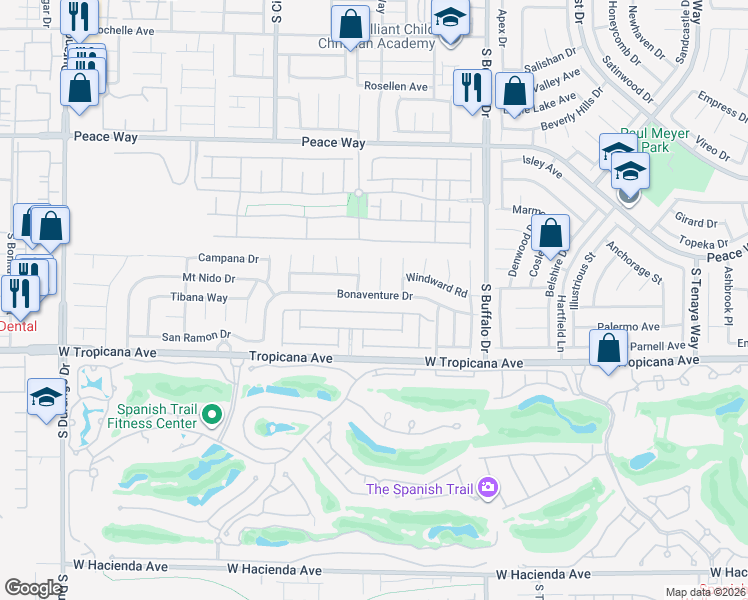 map of restaurants, bars, coffee shops, grocery stores, and more near 8006 Bonaventure Drive in Las Vegas