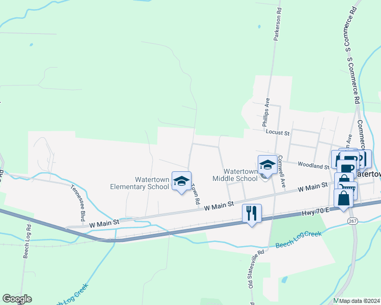map of restaurants, bars, coffee shops, grocery stores, and more near 275 New Town Road in Watertown