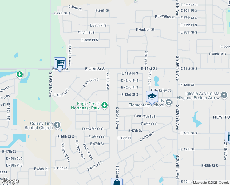map of restaurants, bars, coffee shops, grocery stores, and more near 4248 South 202nd East Avenue in Broken Arrow