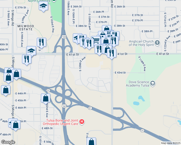 map of restaurants, bars, coffee shops, grocery stores, and more near 11063 East 43rd Street in Tulsa