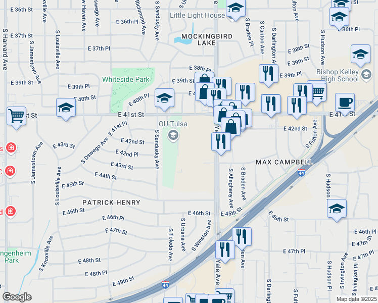 map of restaurants, bars, coffee shops, grocery stores, and more near 4502 East 41st Street in Tulsa