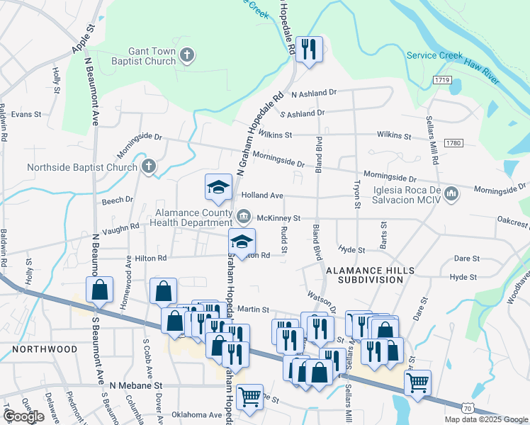 map of restaurants, bars, coffee shops, grocery stores, and more near 1928 McKinney Street in Burlington