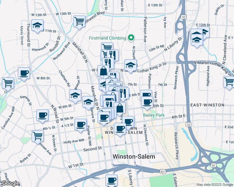map of restaurants, bars, coffee shops, grocery stores, and more near 620 North Liberty Street in Winston-Salem