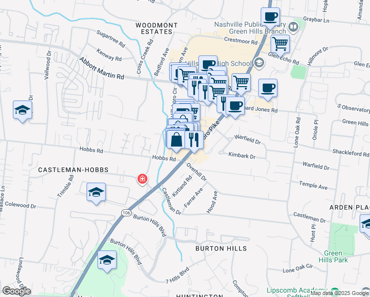 map of restaurants, bars, coffee shops, grocery stores, and more near 4117 Hillsboro Pike in Nashville