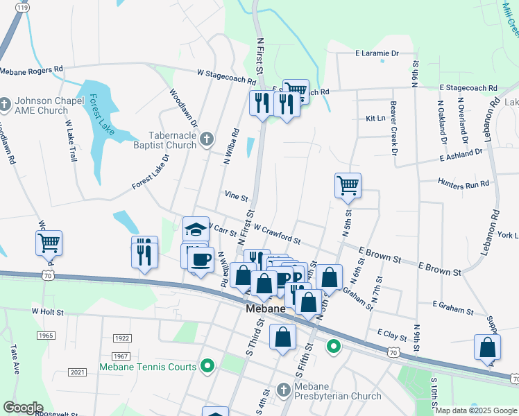 map of restaurants, bars, coffee shops, grocery stores, and more near 404 North 1st Street in Mebane