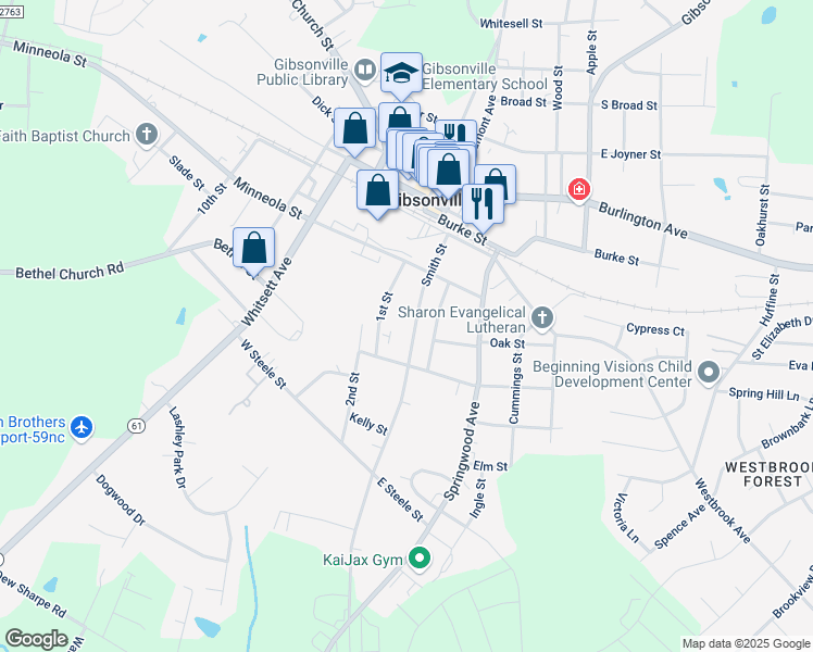 map of restaurants, bars, coffee shops, grocery stores, and more near 503 1st Street in Gibsonville