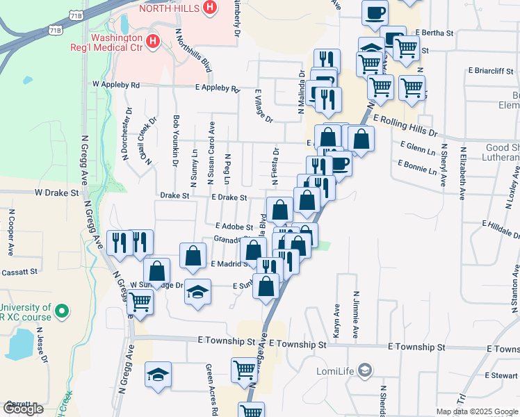 map of restaurants, bars, coffee shops, grocery stores, and more near 2757 North Villa Boulevard in Fayetteville