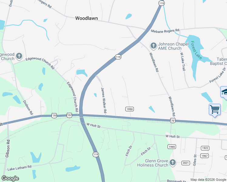 map of restaurants, bars, coffee shops, grocery stores, and more near 201 Saint Lukes Church Road in Mebane