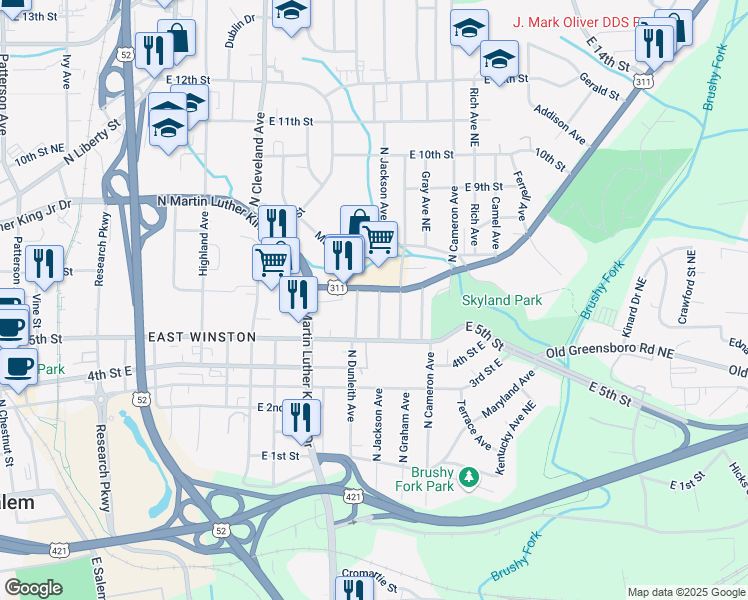 map of restaurants, bars, coffee shops, grocery stores, and more near 1518 New Walkertown Road in Winston-Salem