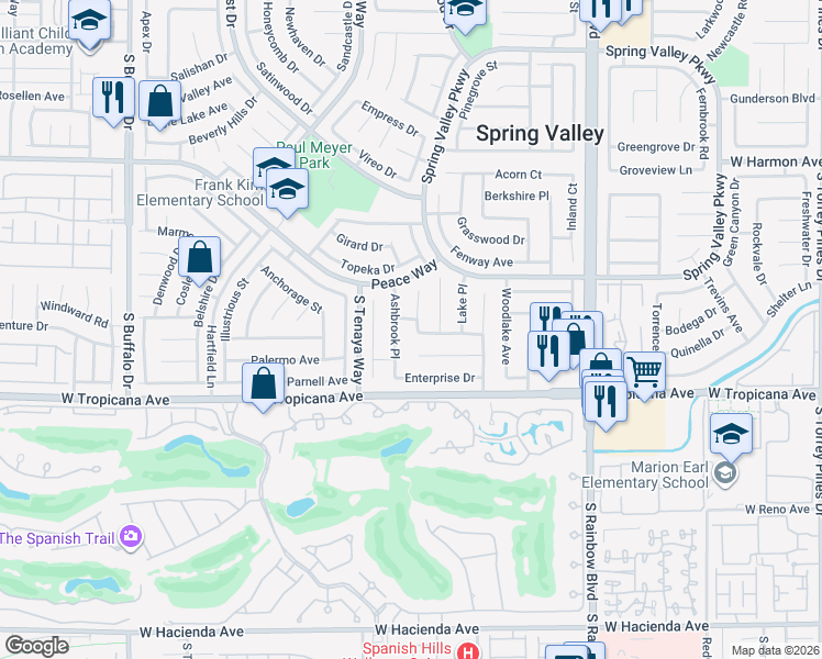 map of restaurants, bars, coffee shops, grocery stores, and more near 4785 Millbrook Court in Las Vegas