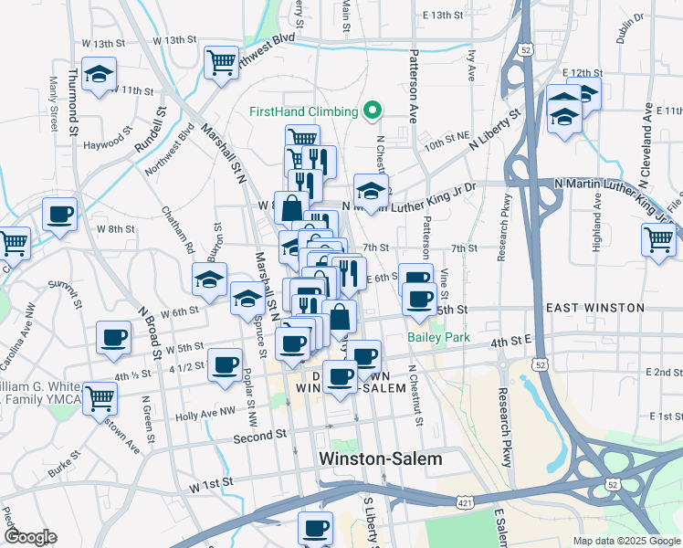 map of restaurants, bars, coffee shops, grocery stores, and more near 620 North Liberty Street in Winston-Salem