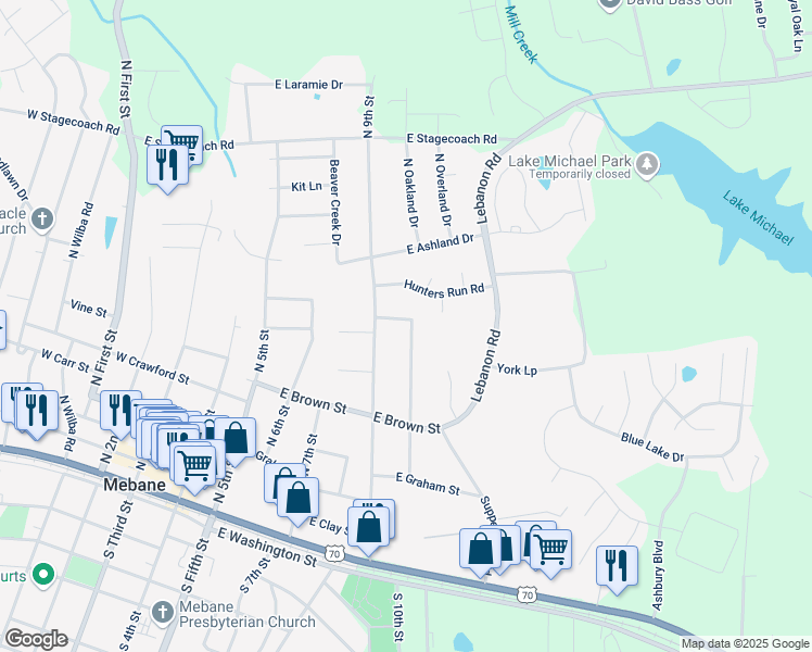 map of restaurants, bars, coffee shops, grocery stores, and more near 600 North 10th Street in Mebane