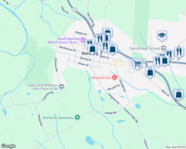 map of restaurants, bars, coffee shops, grocery stores, and more near 322 South Kingston Street in Wartburg